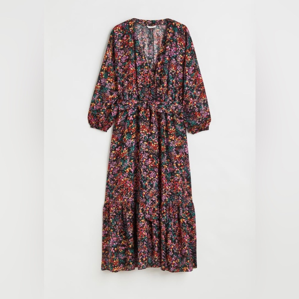 H&M Balloon Sleeved Floral Wrap Dress with Tie Belt - large